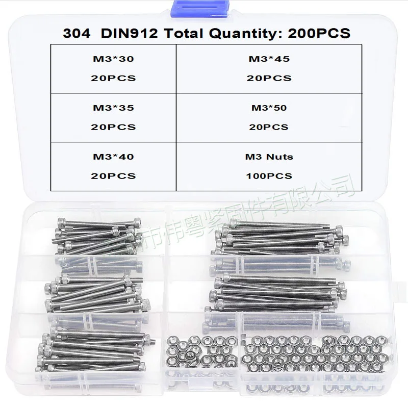 

200pcs/Lot M3 304 Stainless Steel Hexagon Socket Head Cap Socket Screws Hex Bolt Nuts Set Box-Package