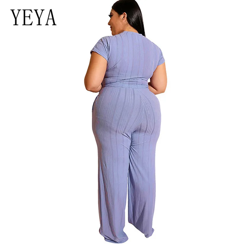 YEYA большой Размеры 4XL 5XL Винтаж широкий комбинезон с длинными рукавами комплекты из двух предметов комбинезон с коротким рукавом Для женщин костюмы «плюс сайз» Повседневное комбинезоны
