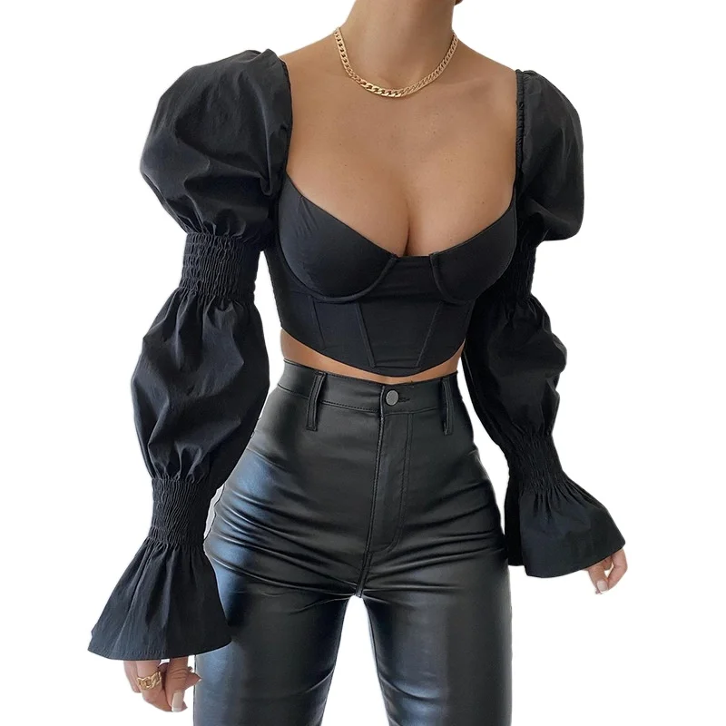 

Woman square collar Crop T-shirt Solid Color horn sleeve Back Lace Up T-shirt 3Color S-L K21L01382