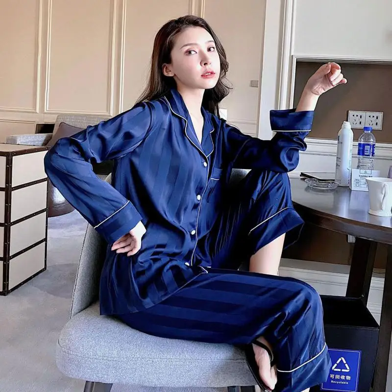

Spring Women Pajamas Set Print Striped Long Sleeve Trouser Suits Loungewear Loose Bathrobe Pyjama Pour Femme Satin Home Clothes