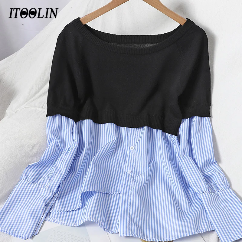

ITOOLIN Elegant Blouse Women Korean Fashion Clothing Patchwork Top Striped Shirt Jerseys Muje 2021 Spring Frau Pullovers Blusas