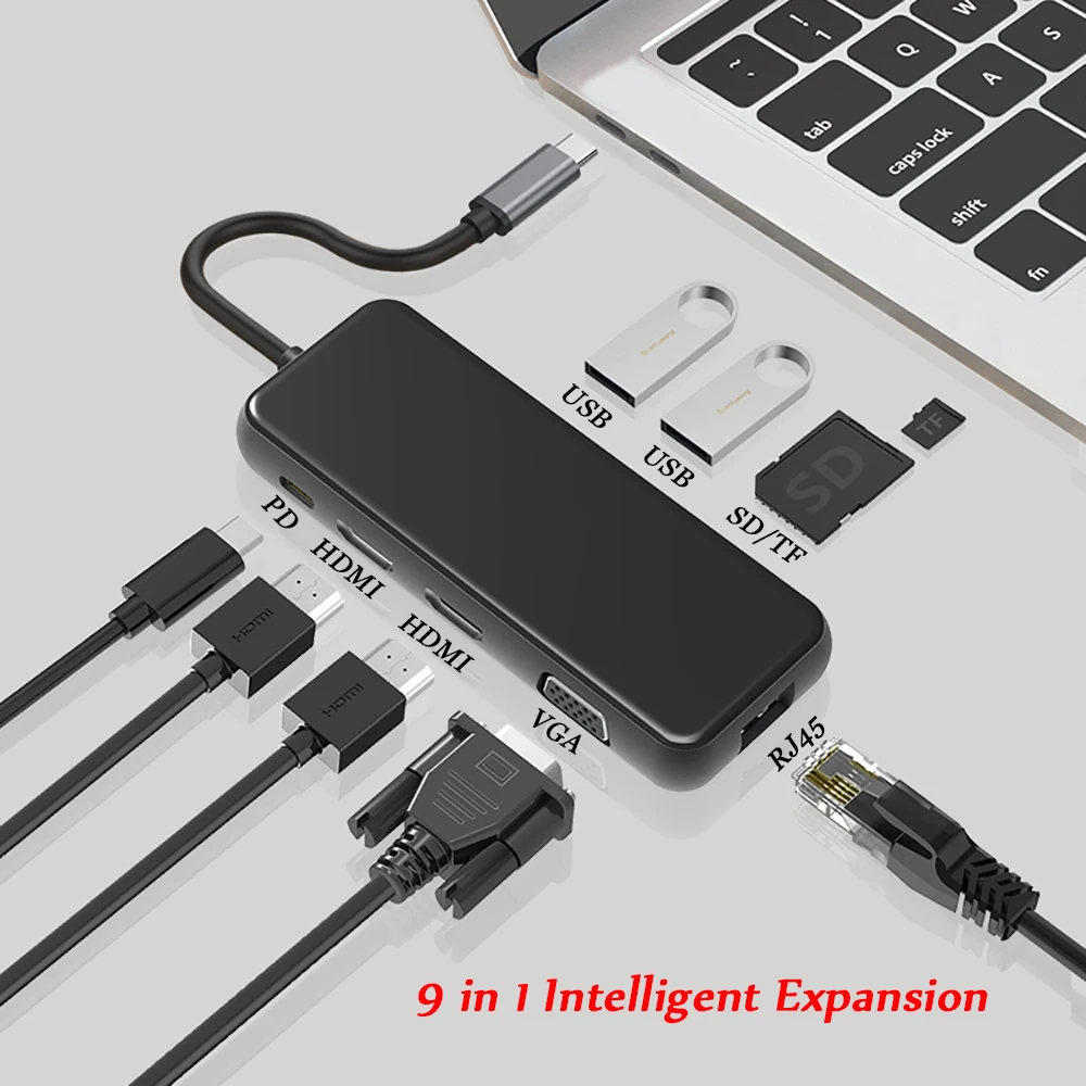 

Type C HUB to HDMI USB 3.0 HUB Dock VGA Dual HDMI RJ45 USB Adapter Converter PD Charging for Loptop USB C HUB