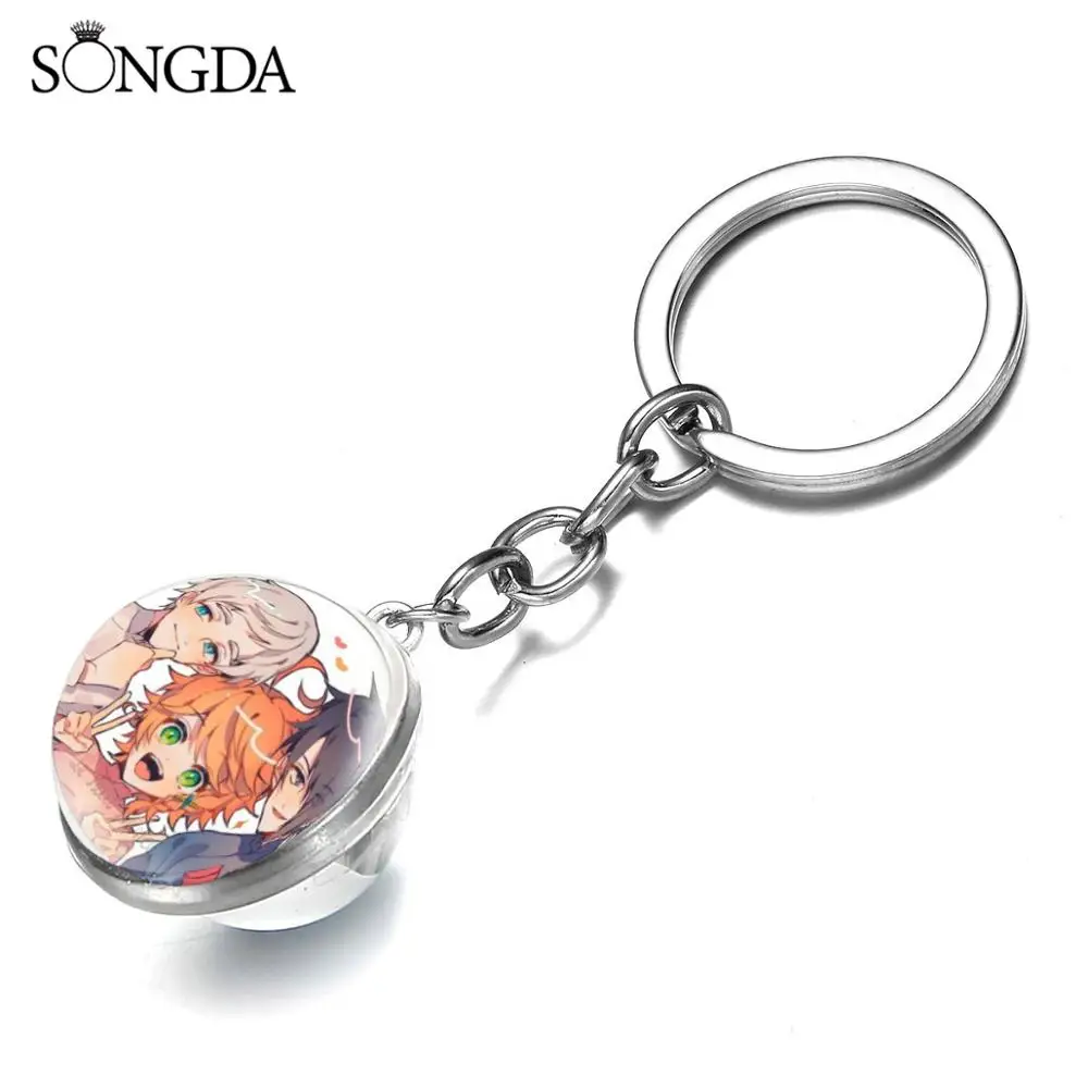 

Anime The Promised Neverland Key chain Double Sided Glass Silver Color Keyrings Glass Cabochon gift Jewelry Graduation Jewelry
