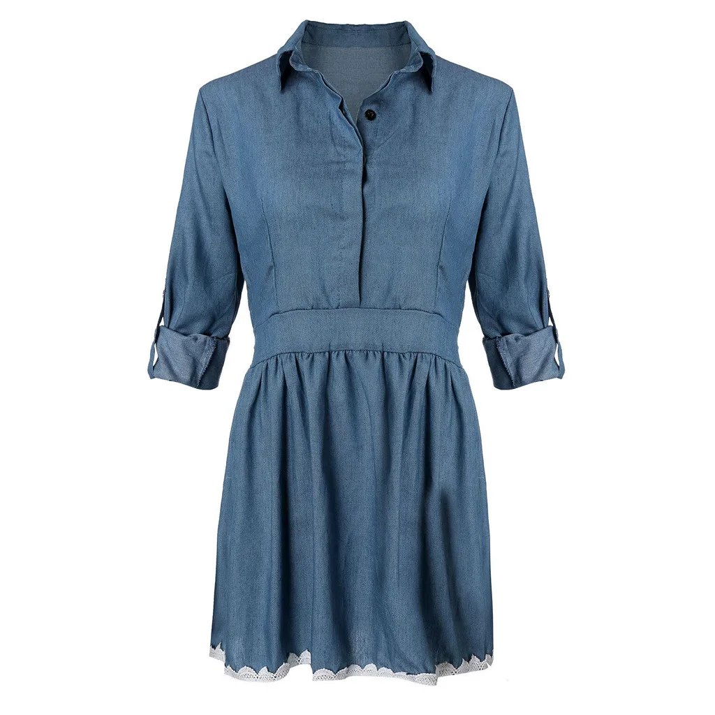 Женское платье элегантное модное джинсовое кружевное короткое мини 2019