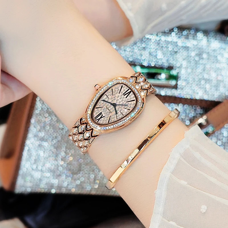 New Luxury Brand Women Watch Snake Quartz Ladies Rose Gold Watches Diamond Wristwatch Female Bracelet Watches Relogio Feminino