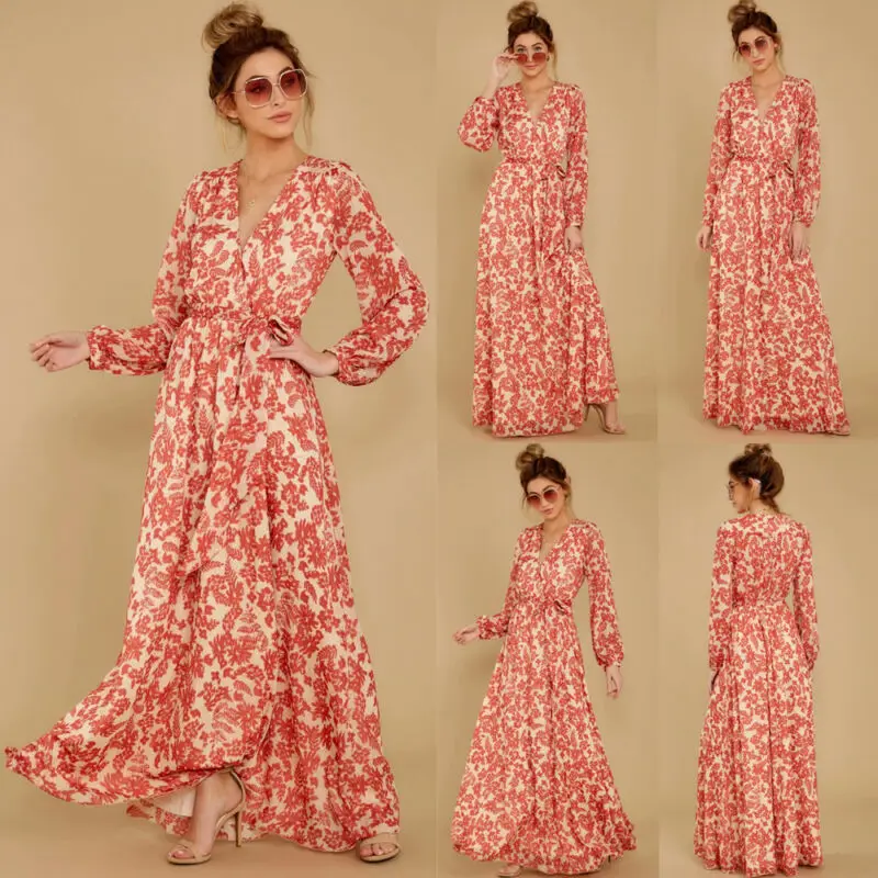 Женское длинное шелковое платье макси модное пикантное с длинным рукавом