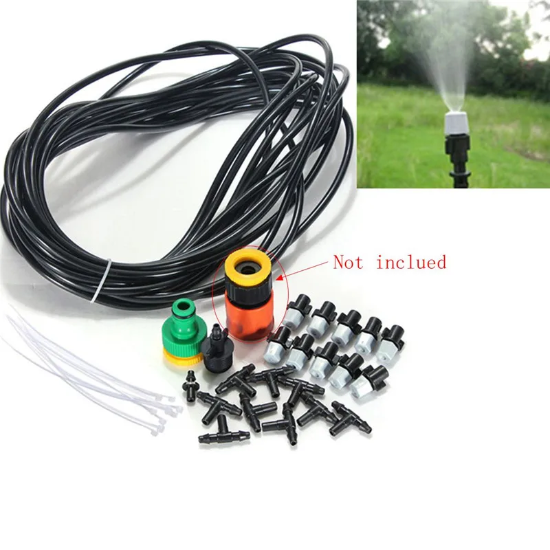 

10m/33 Ft Garden Plants Irrigation Patio Misting Cooling System + 10 Plastic Mist Nozzle Sprinkler Garden Hose Quick Socket