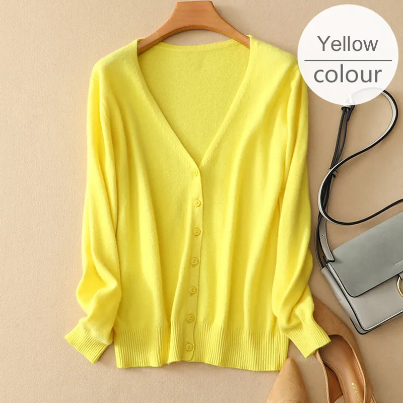 V-neck Yellow Однобортный Для женщин свитер вязаный тонкий кардиган с круглым вырезом с длинным рукавом женские кардиганы Демисезонный женские топы - Цвет: V-neck Yellow