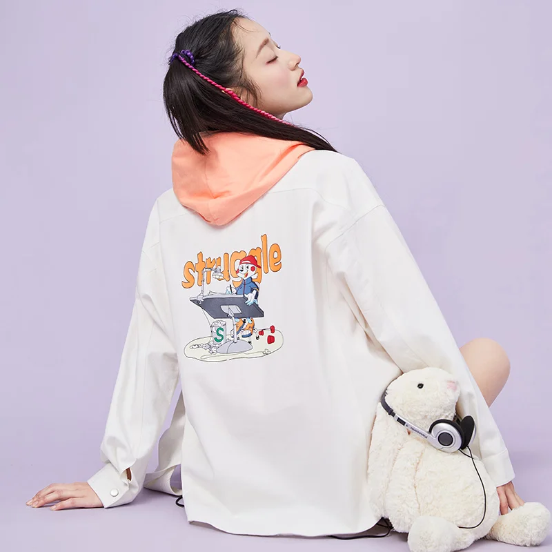 

SEMIR Jacket Women Loose Drop Shoulder Shirt-Collar Coat 2021 Early Spring New Hit Color Cartoon Pattern Tooling Jacket