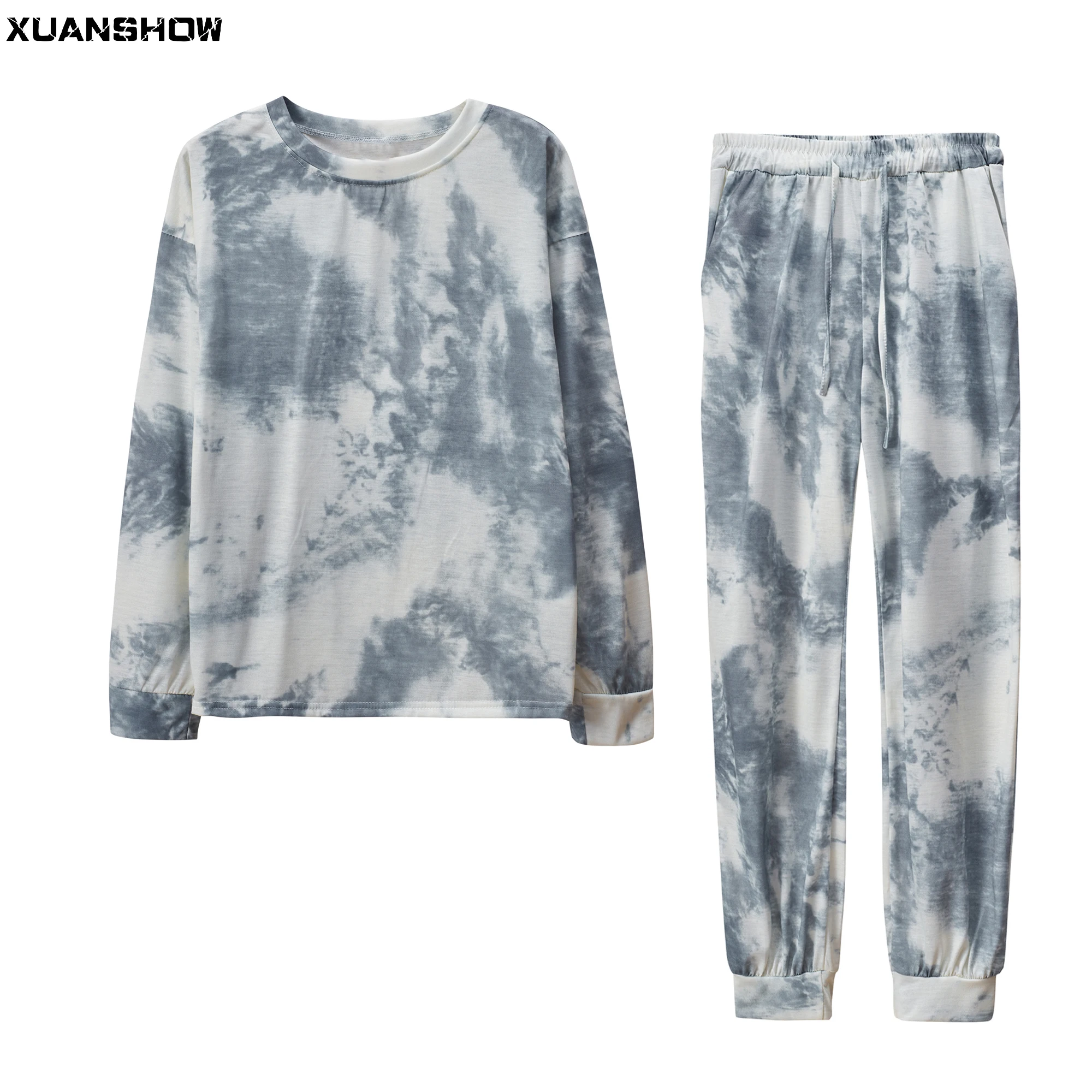 

XUANSHOW Women's 2 Piece Tie Dye Drop-shoulder Sweatsuit Outfits Lounge Pajamas Set Loungewear Clothes for Women Chandal Mujer