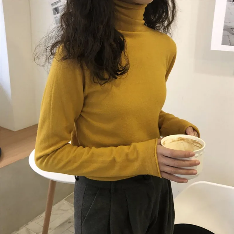 

Autumn Winter Solid Color T-Shirt High Collar Loose Long Sleeve Bottoming Wild Casual Tops Autumn Winter Women T-shirt