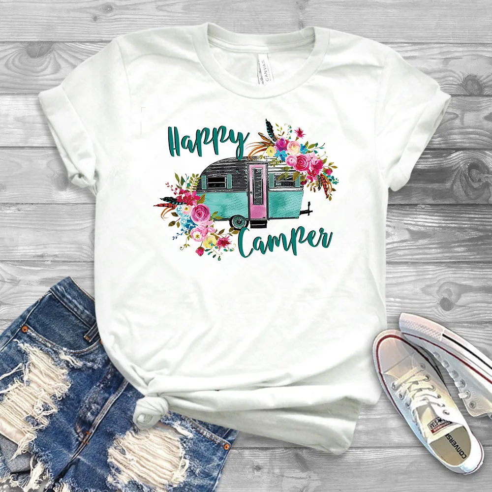 

2020 Happy Camper Shirt Funny Camping T-Shirt Floral Camping Tees Cute Glamping Shirts Love To Camp Tee