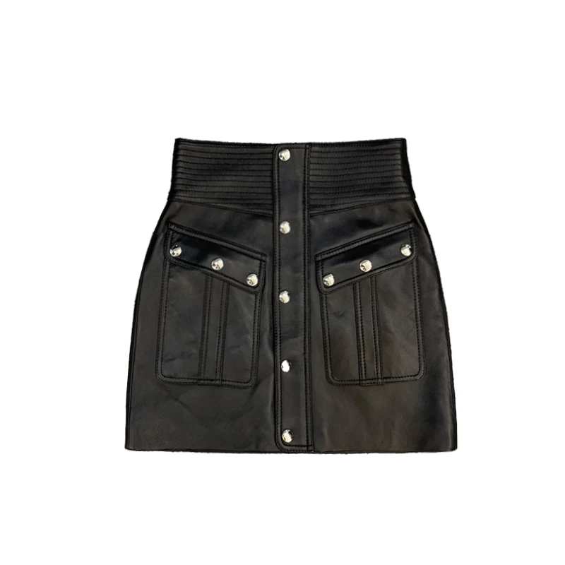 

Brand High Waist Sheepskin Wrap Skirts Black Sexy Biker Rivets Mini Skirt Elegant Office Lady Real Leather Single Breasted Skirt