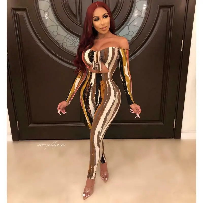 2019 новые женские модные цепи печати с открытыми плечами Bodycon Длинные без рукавов