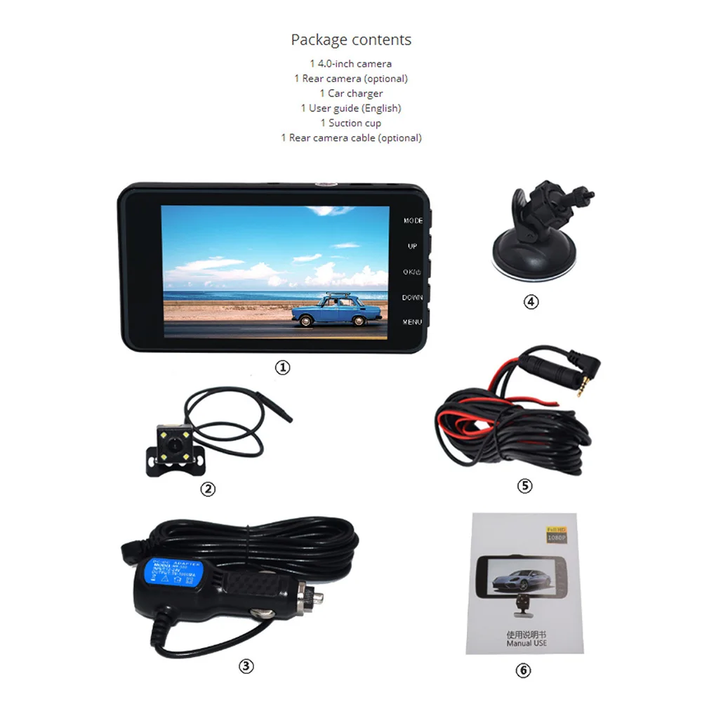 Новейший 4-дюймовый двойной объектив 1080P широкоугольный видеорегистратор