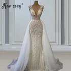 Свадебное платье-русалка, расшитое бисером, с V-образным вырезом, со съемным шлейфом, 2021