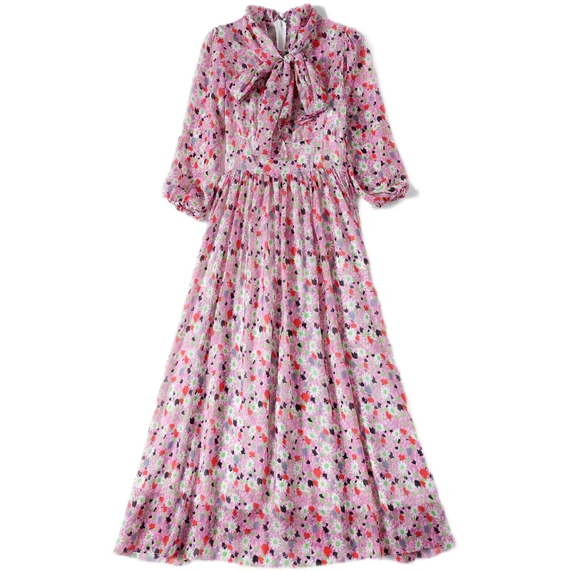 

Women's Elegant Bow Collar Floral Long Dress 2021 Long Sleeve Chic Midi Dress Ladies Streetwear Chiffon Vestidos For Women