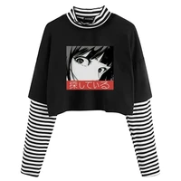 fake two piece anime t shirt women striped patchwork graphic cropped tops long sleeve turtleneck harajuku tshirts summer clothes