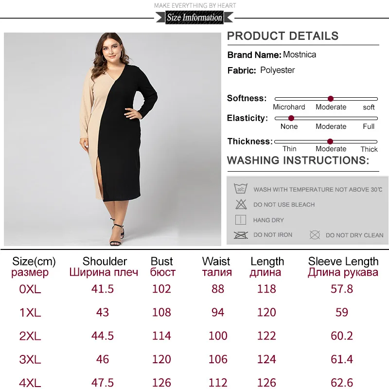 

Mostnica Elegant Multicolor Plus Size Knitted Sweater Dress for Women Spring V Neck Long Sleeves Slit Office Lady Pencil Dress