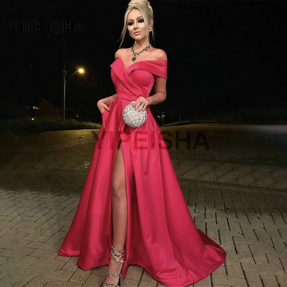

2021 New V-Neck Off The Shoulder Evening Dress Floor Length Sweep Train Front High Split Prom Party Gown robes de soirée