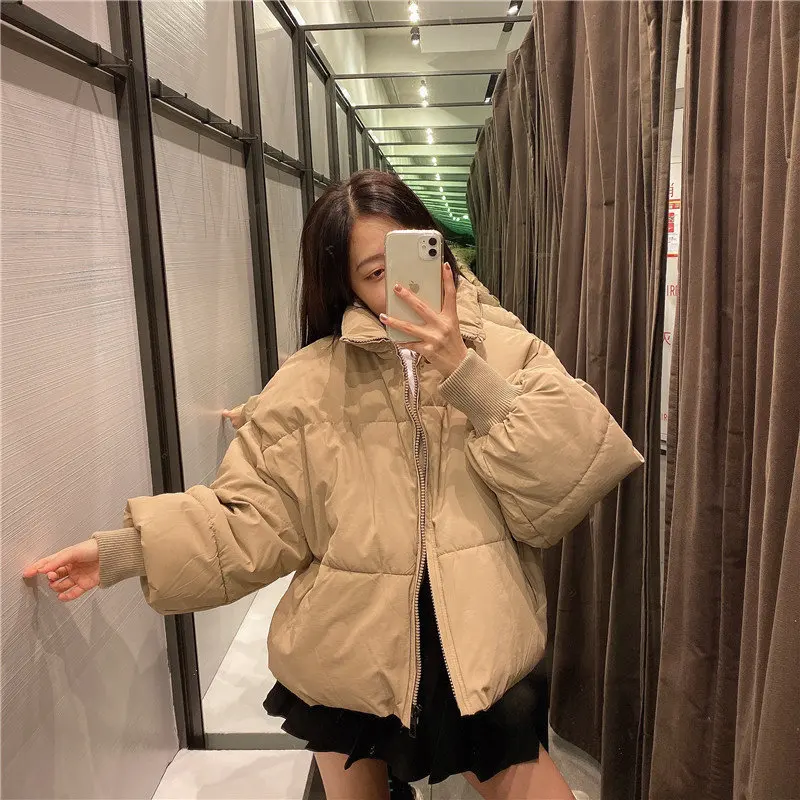 Winter Women Coat Solid Stand Collar Warm Down Jacket Preppy Style Thick Zipper Pockets Oversize Ladies Chic Parkas Coats Female