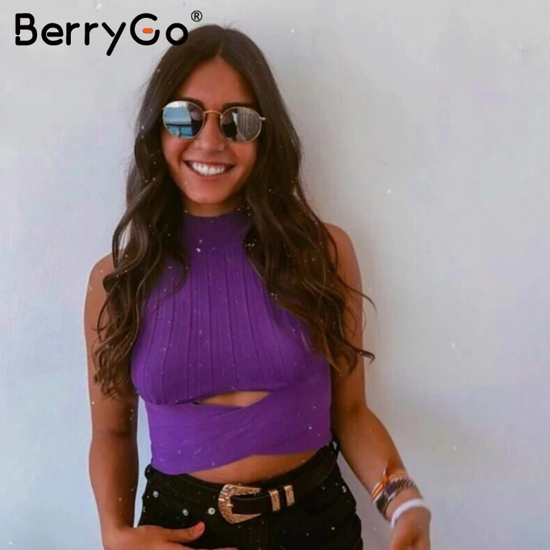 BerryGo трикотажные с воротником-стойкой однотонные Женские топы повязкой осенняя