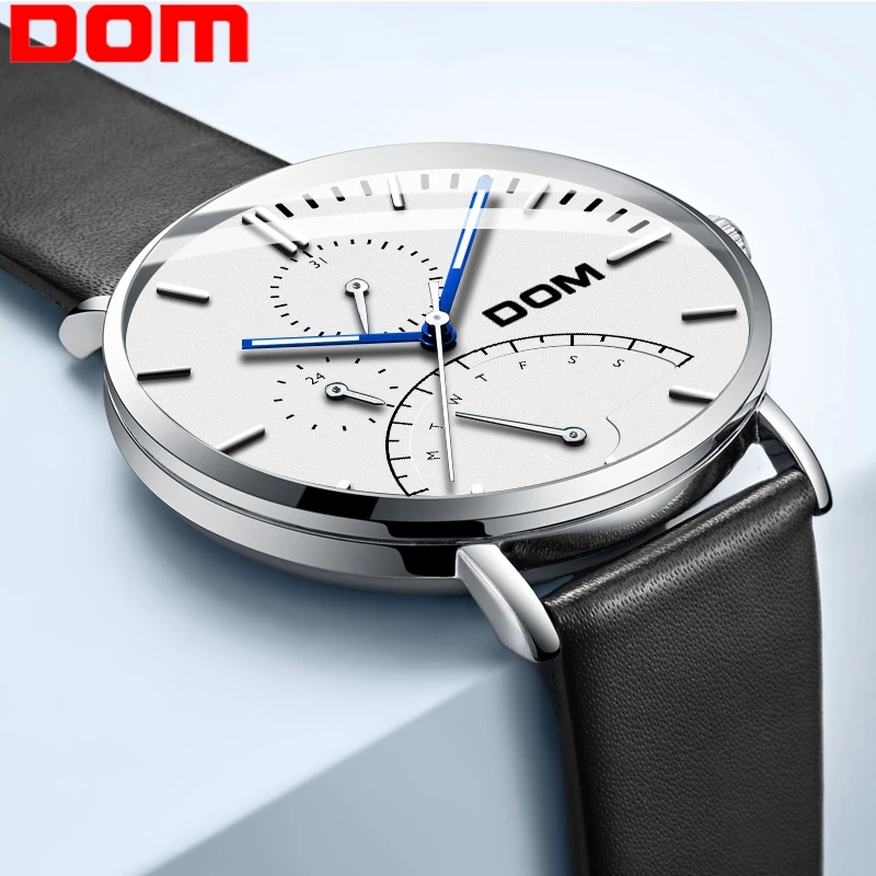DOM Новые повседневные часы с кожаным ремешком Модные Кварцевые черные мужские