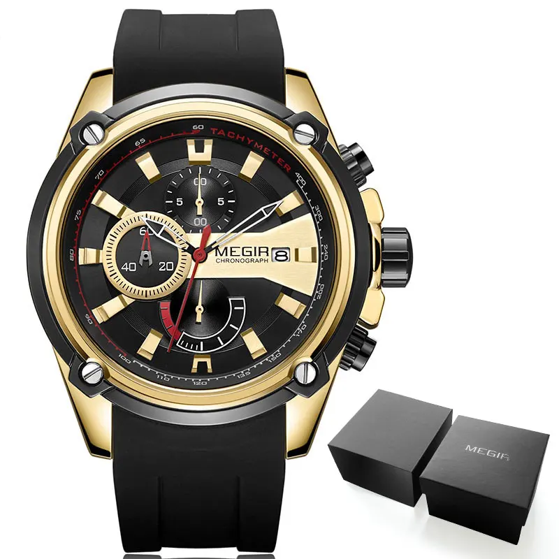 MN2086G-Gold Black MEGIR армейские спортивные кварцевые часы для мужчин черный силиконовый ремешок военный морской хронограф наручные часы для мужчин Relogios 2086 черный - Цвет: MN2086G-Gold Black