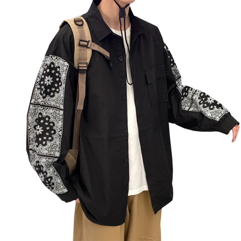 

Men Shirts Korean Spring Autumn Loose Long Sleeve Shirts Print Turn-down Collar Long Sleeve Shirts Oversize Casual Handsome Coat