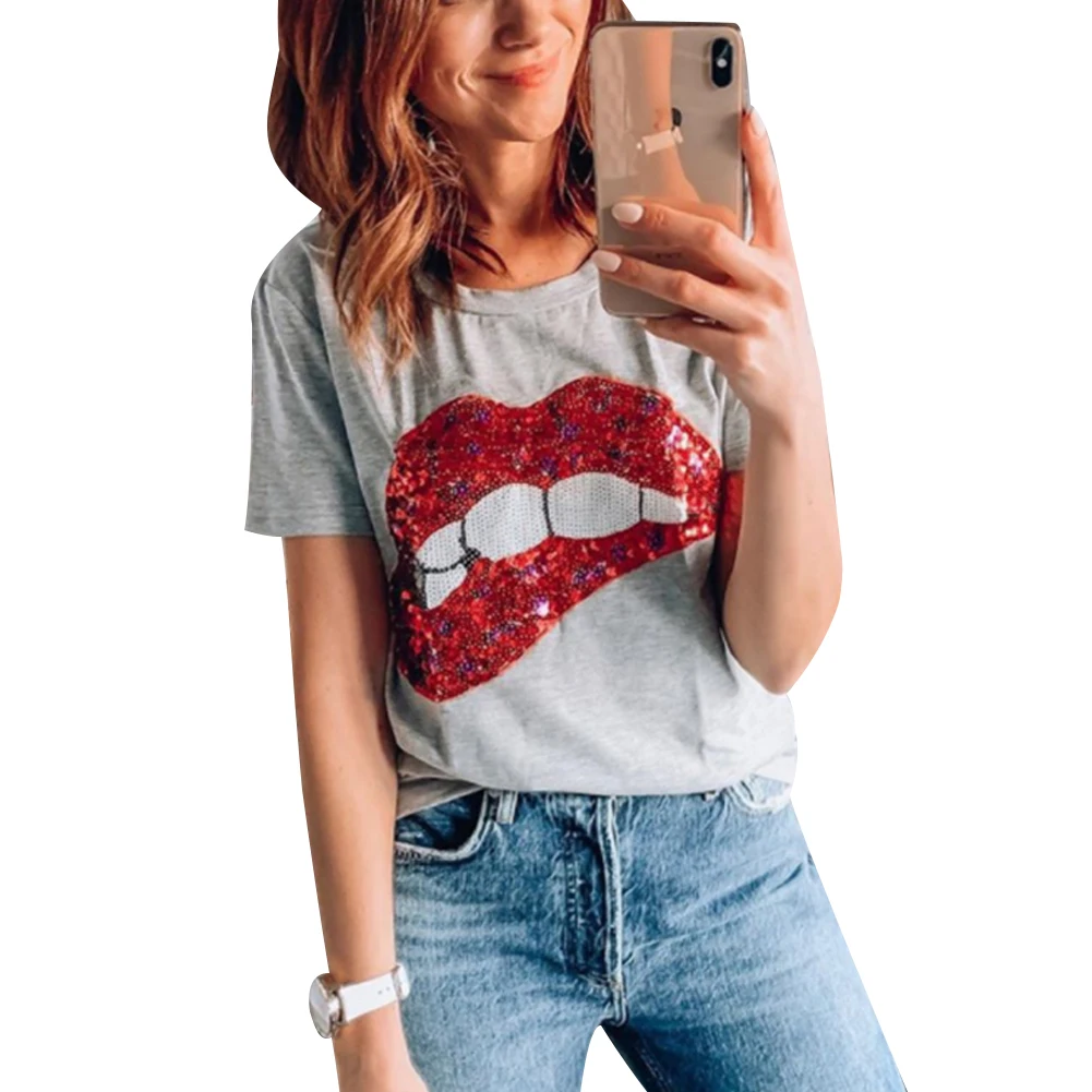 Летний топ с блестками и губами для женщин новинка 2020 модные повседневные топы