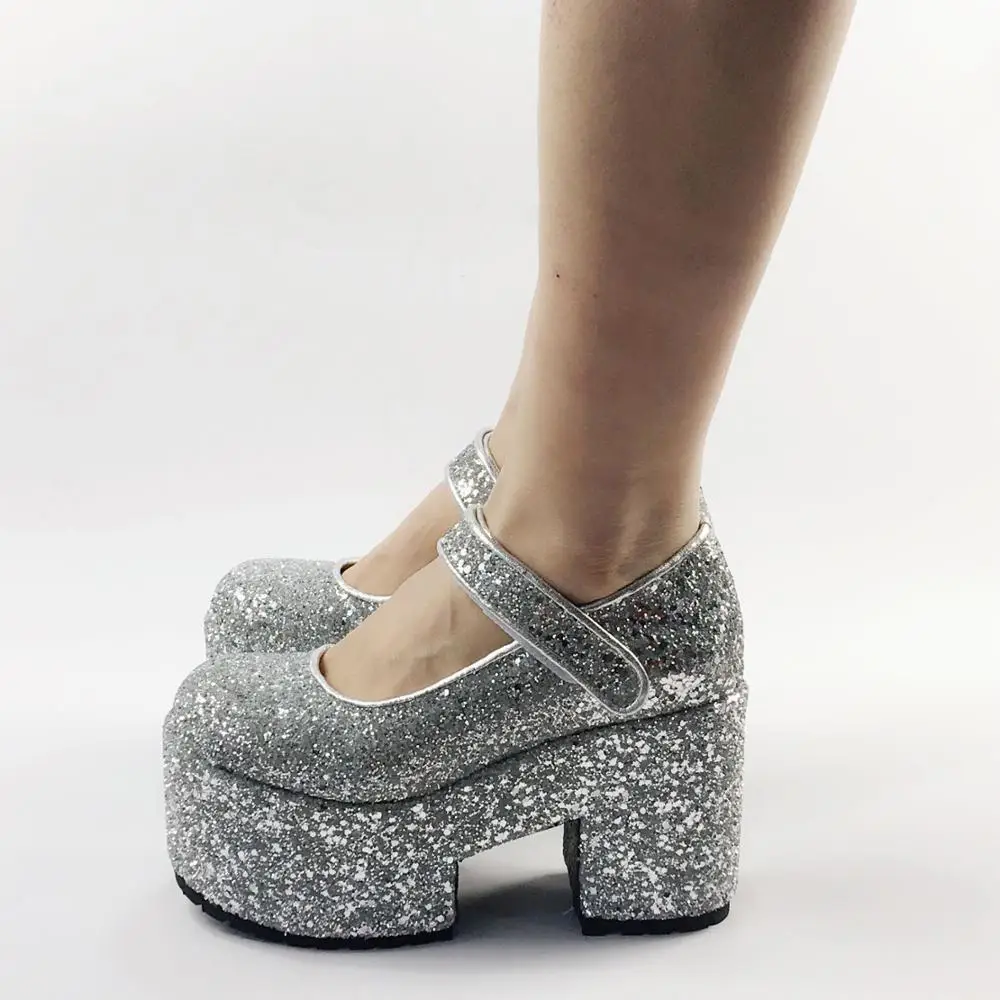 Женские свадебные туфли-лодочки серебристые на высокой платформе 10 см туфли