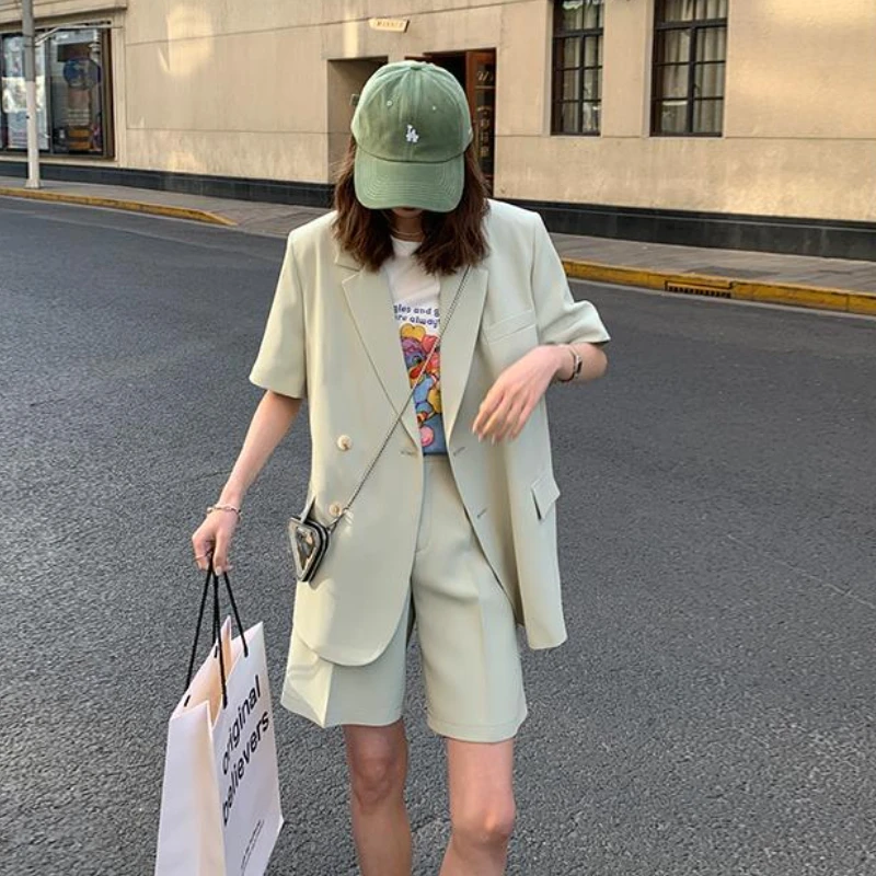 

Shorts Sets Women Summer Simple Notched Short Sleeve Street Office Trendy Korean Style High Waist Baggy Cozy Female Two Piece