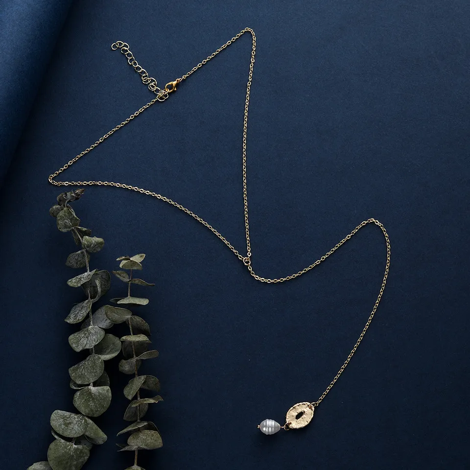 Vintage man-made Pearl Minimalist ins Key gold long pendant necklace for women fashion chain female friend gift choker jewelry |