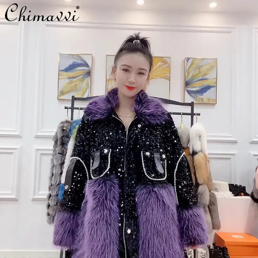 

2021 New Winter Clothes Fashion Sequins Toka Wool Coat Feminine Elegant Pearl Loose Women's Faux Fur Jacket All-Matching
