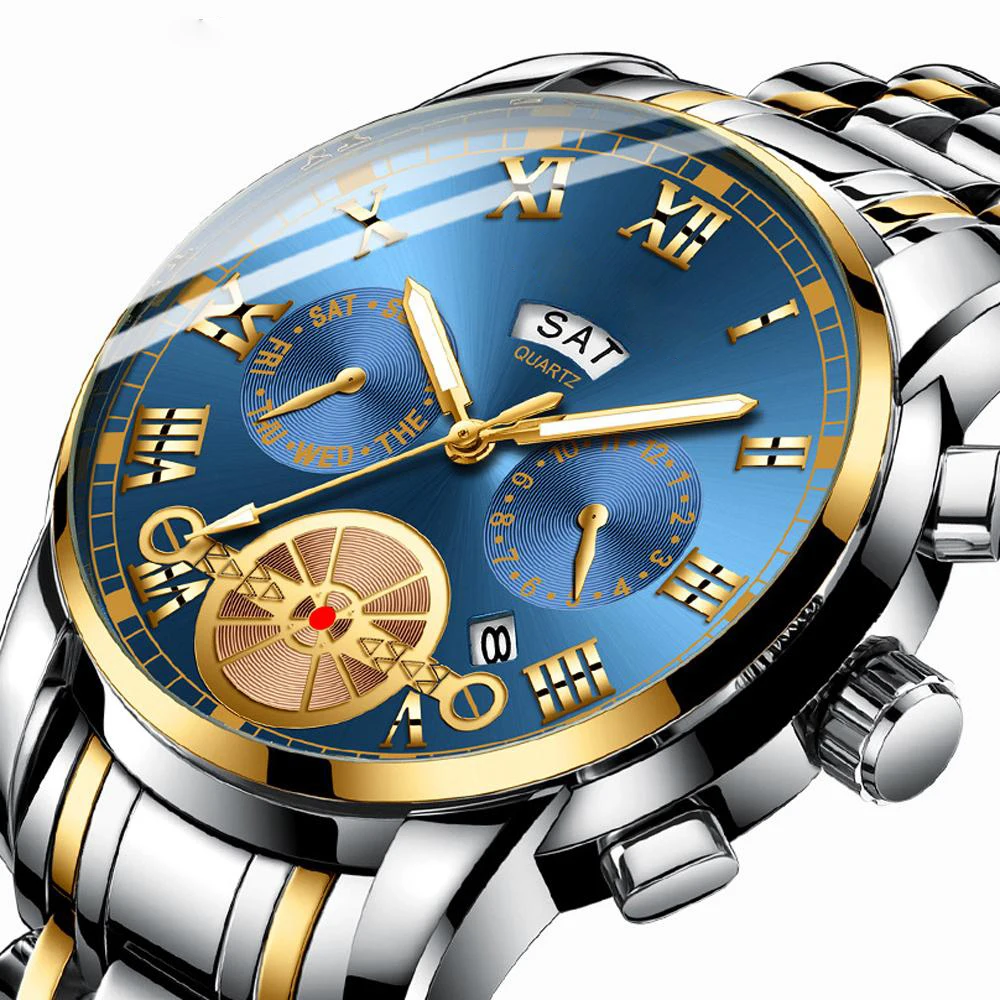 

Мужские часы 2020, высокое качество, нержавеющая сталь, 30 м, водонепроницаемые наручные часы, бизнес кварцевые мужские часы с двойным календар...