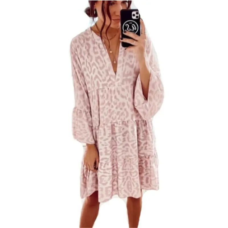 

Womens Leopard Print Baggy Mini Dress Ladies V-Neck Casual Loose Short Dresses