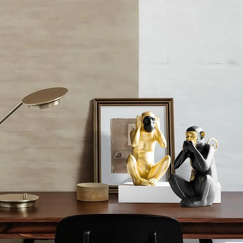 

THREE WISE MONKEYS STATUE SIMULATION ANIMAL RESIN CRAFTWORK OFFICE HOTEL LIVING ROOM DECORATION GIFT L2798