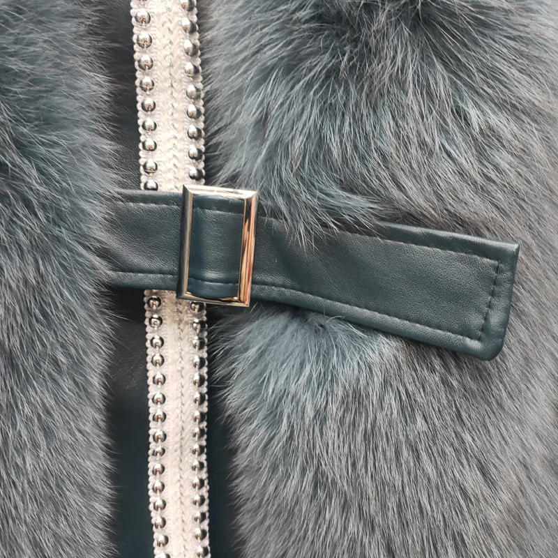 100% natural real fox skin women's coat + real sheepskin leather jacket long sleeve  with diamond Belt, button free