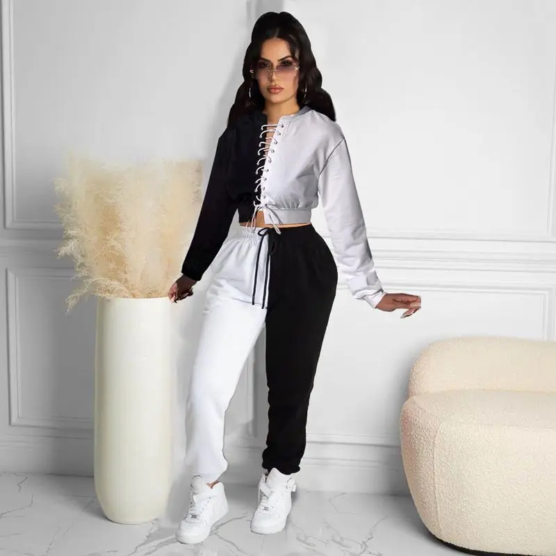 

Fall Sexy Two Piece Set Women Color Matching Bandage Crop Tops+Pants Sets Juicy Coutoure Tracksuit Casual Streetwear Wholesale