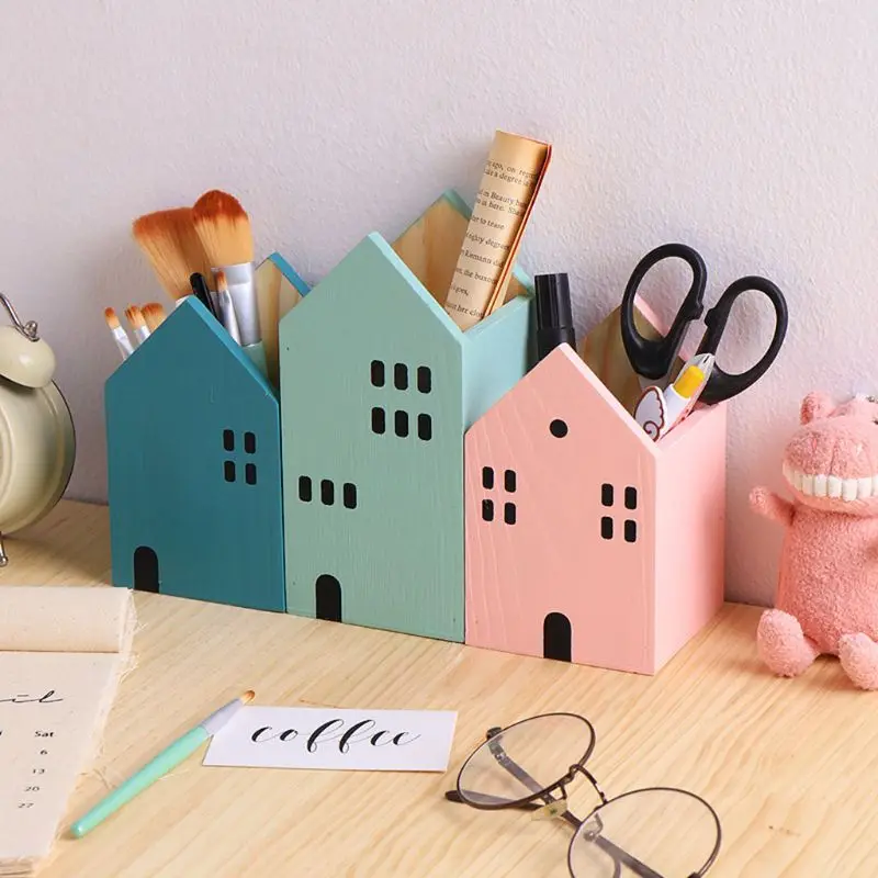 

House Shape Wooden Pencil Pen Holder Desktop Organizer Container Brush Pot Stationery School Office Supplies Drop Shipping