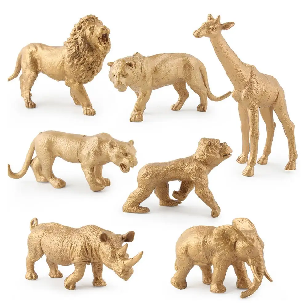 

Realistic Wild Animals Model Gold Version Figurine Lion Elephant Rhinoceros Grassland Animal Simulation Educational Toy For Kids