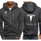 Толстовка мужская с капюшоном, повседневная кофта на молнии, с длинным рукавом, с принтом логотипа автомобиля Тесла, в стиле хип-хоп, Харадзюку