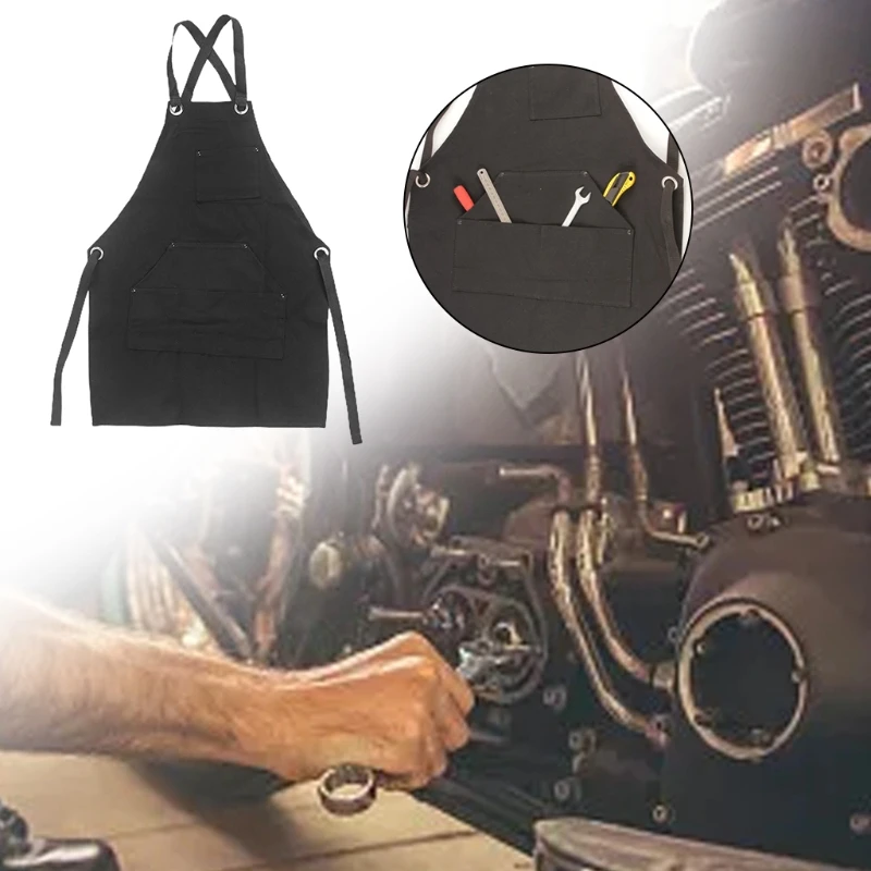 

Men Women Black Canvas Adjustable Work Tool Apron with Pockets for Gardening Carpenters Woodworkers Baker Cooking BBQ Grill 652A