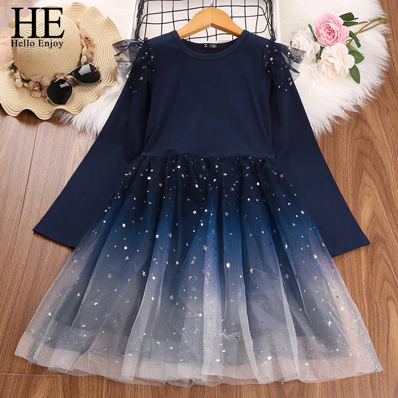 

HE Hello Enjoy Spring Autumn 2022 Girls Long Sleeve Tulle Tutu Clothes Flower Girl Dress For Weddings Fancy Child Princess