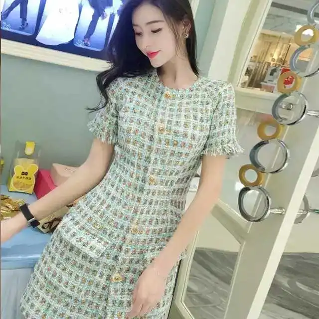 CHICATWILL 2019 Новое Элегантное офисное женское зеленое твидовое клетчатое платье во