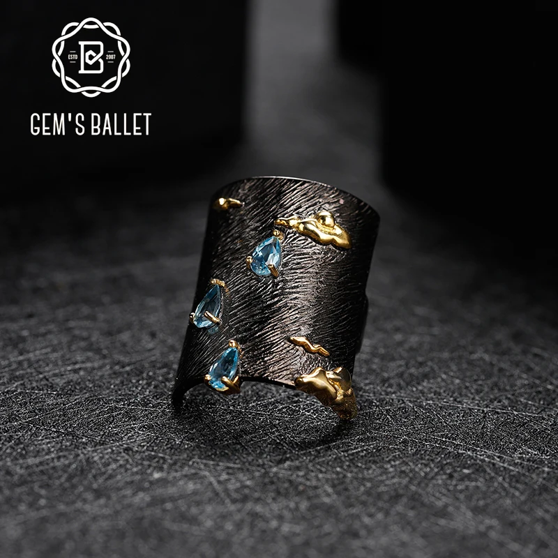 

GEM'S BALLET 925 Sterling Silver Handmade Clouds Sea Swallows Ring Nature Swiss Blue Topaz Gemstone Rings For Women Anniversary