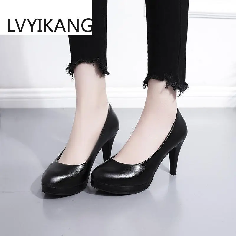 Женские туфли на платформе и блочном каблуке черные туфли-лодочки среднем для