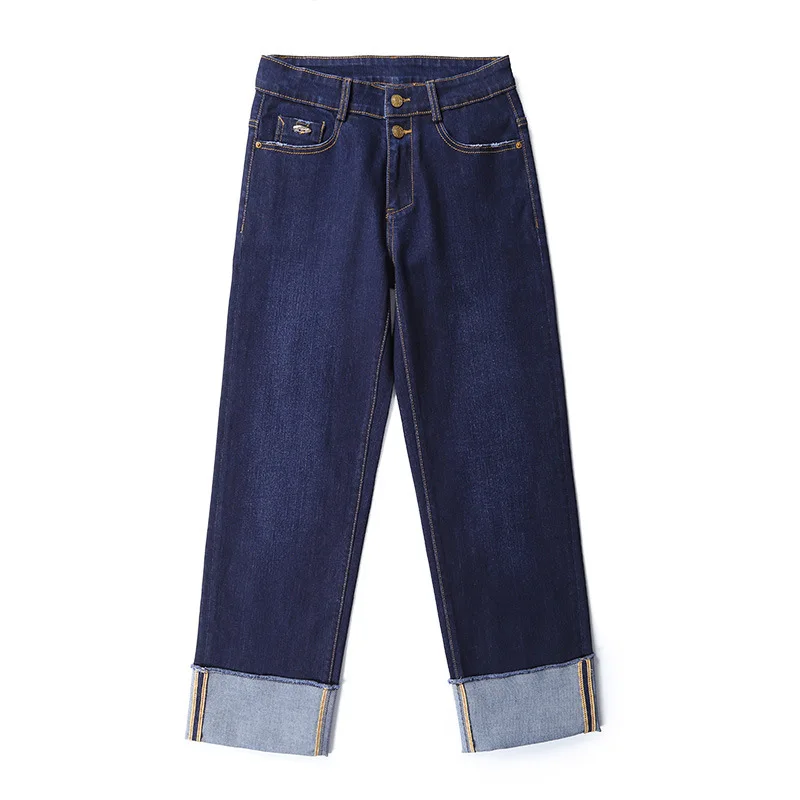 

women Autumn winter Faded high waist jeans pocket wide-leg turn-up hems zip fly fashion casual Denim Pants