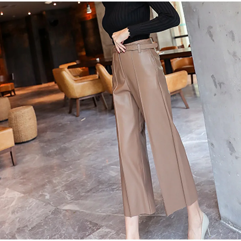 Autumn Faux PU Leather Pants Women With Belt High Waisted Wide Leg Anke-length Women's Trousers Winter NEW Fashion Clothes