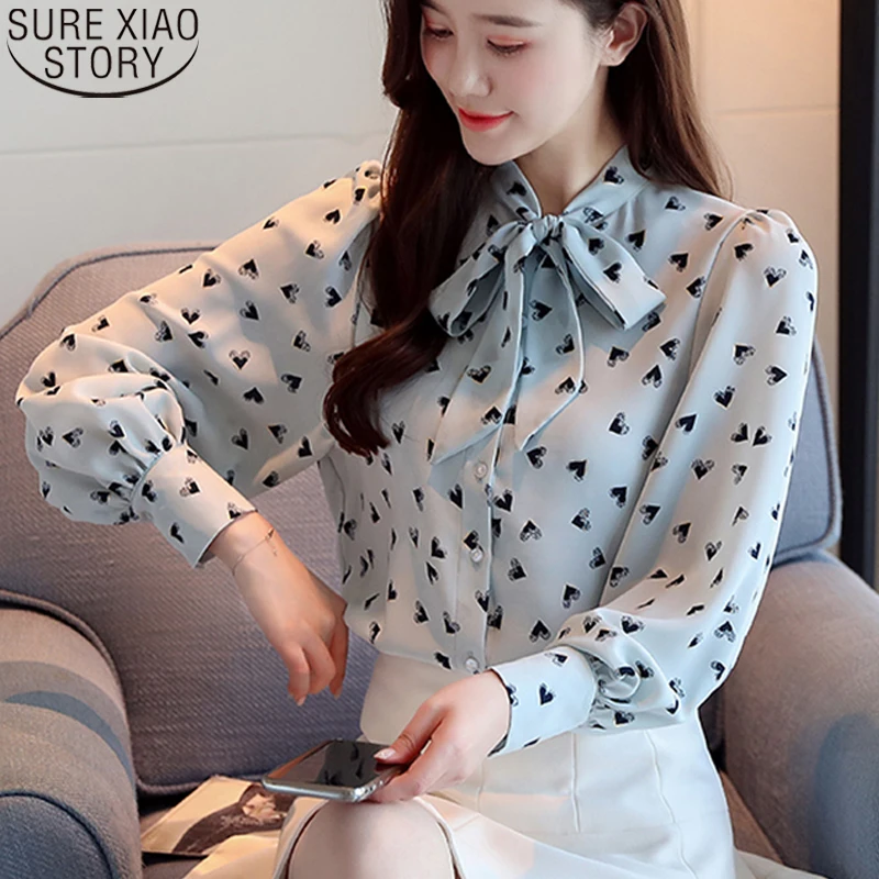 Новинка 2021 модная шифоновая блузка с бантом рубашки сердечком и принтом женские
